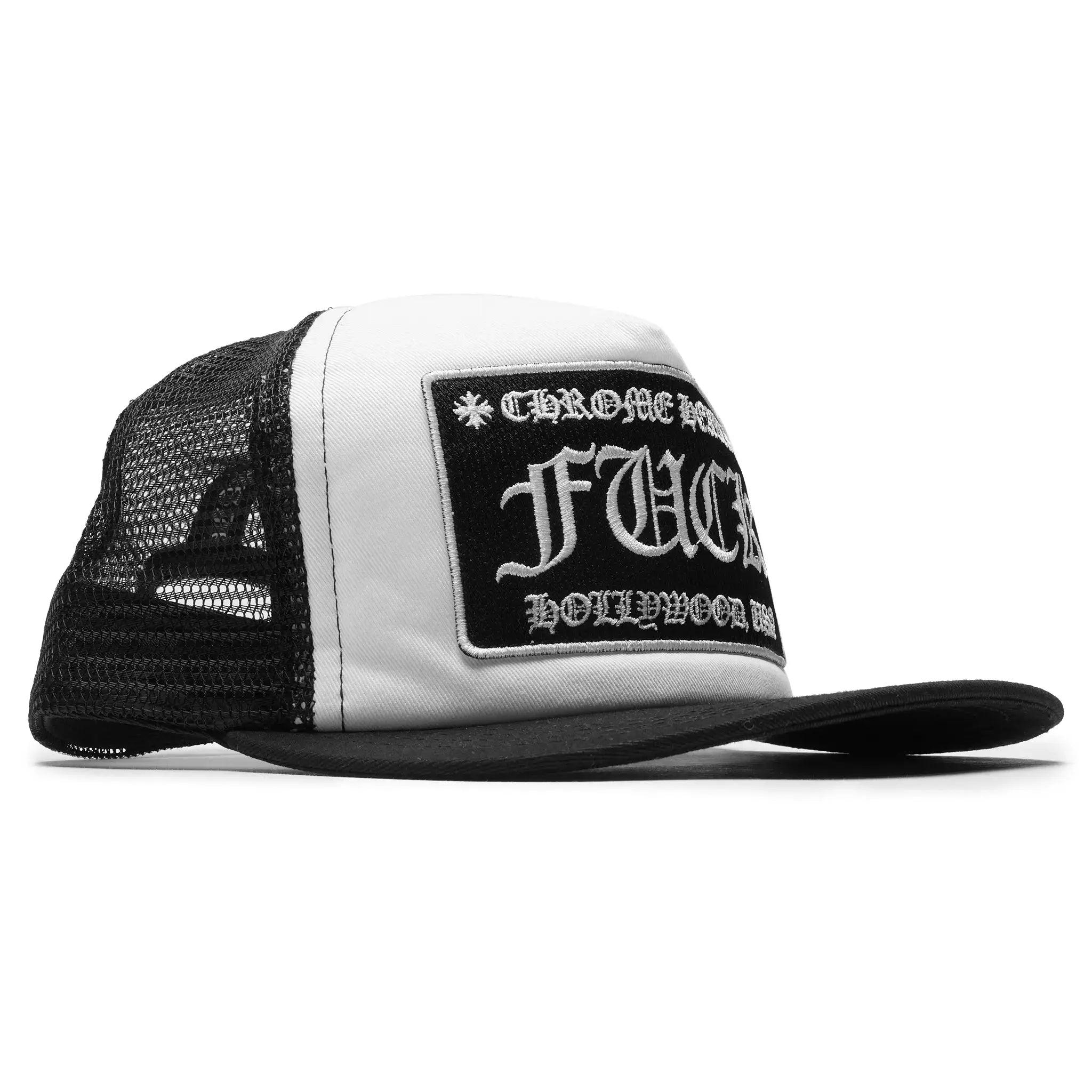 Front view of Chrome Hearts Fuck Hollywood White Black Trucker Cap